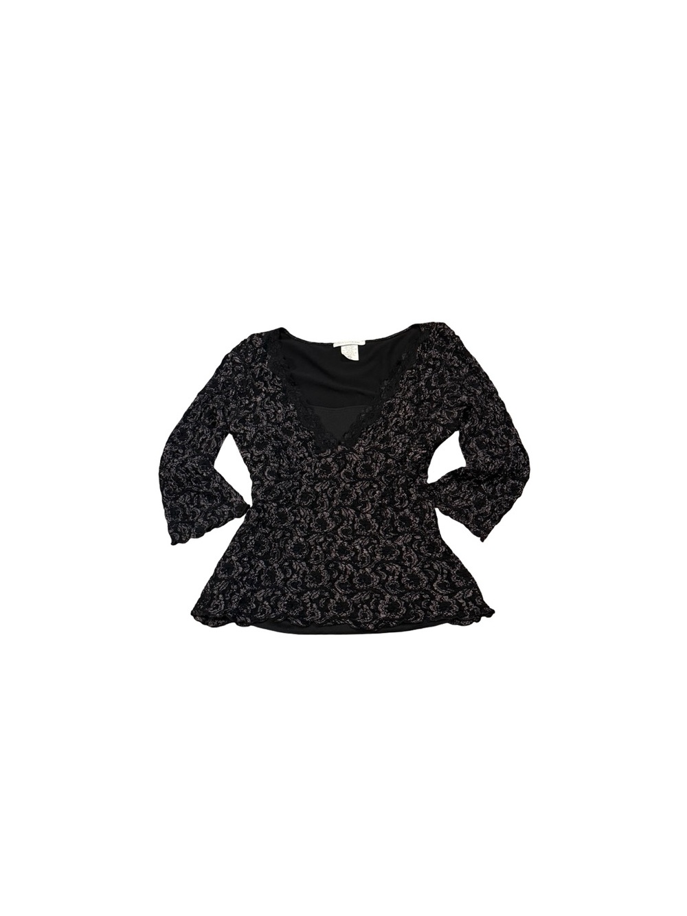 Vintage Papillon Blanc  Womens Black Lace Overlay V-Neck Top